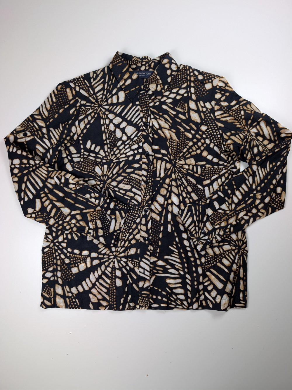 Jones New York Petite PM Womens Batik Print Roll Tab Button Down Shirt Cotton